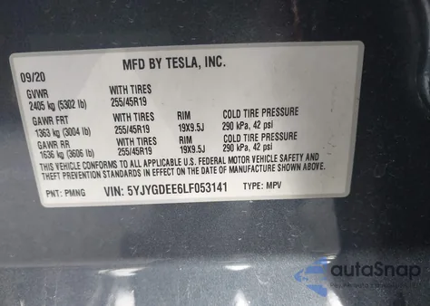 2020 Tesla Model Y Long Range Dual Motor All-Wheel Drive z USA, uszkodzony, nr VIN 5YJYGDEE6LF053141
